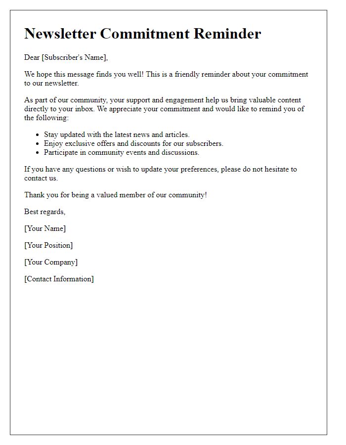 Letter template of newsletter commitment reminder