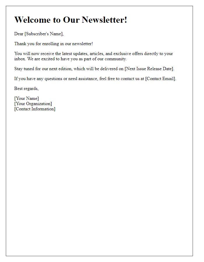 Letter template of newsletter enrollment notification