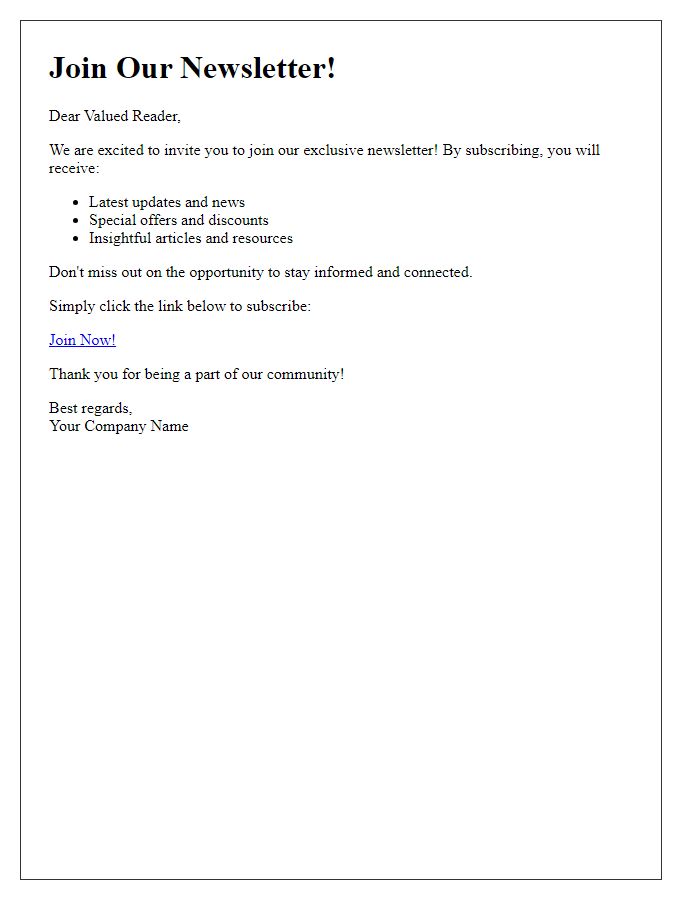 Letter template of newsletter joining prompt