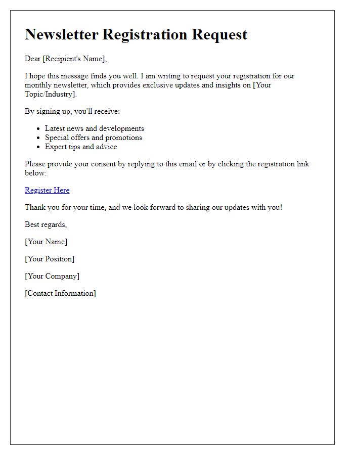 Letter template of newsletter registration request