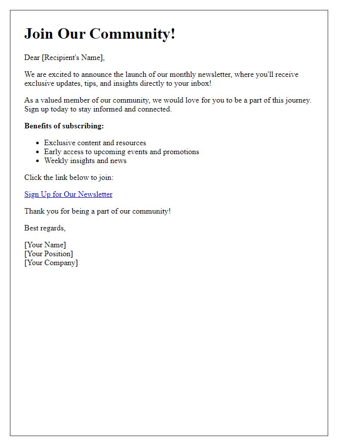 Letter template of newsletter signup invitation