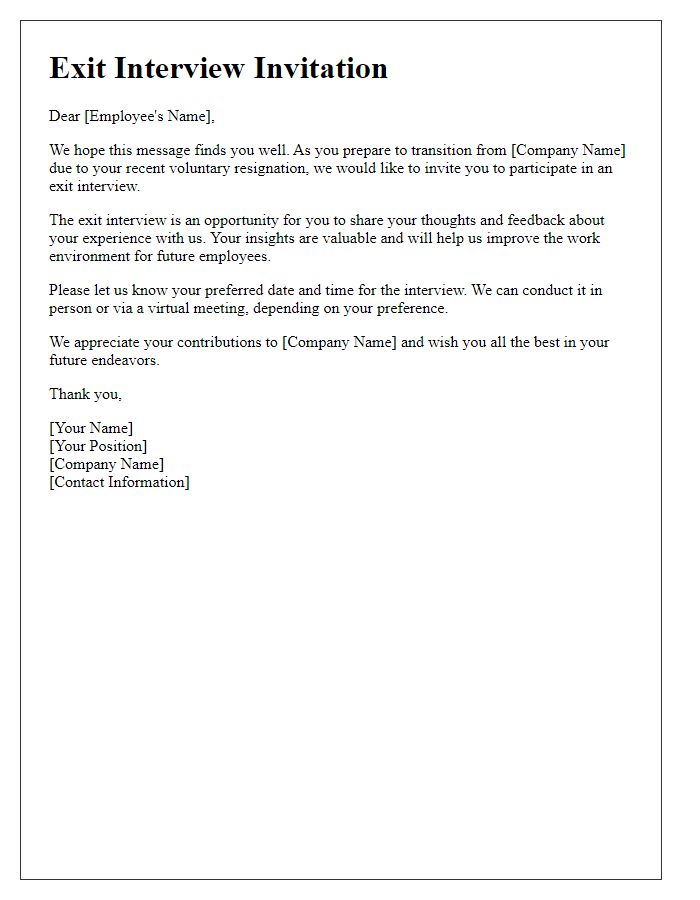 Letter template of exit interview invitation for voluntary resignation.