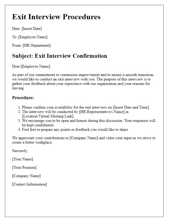 Letter template of exit interview procedures for HR documentation.