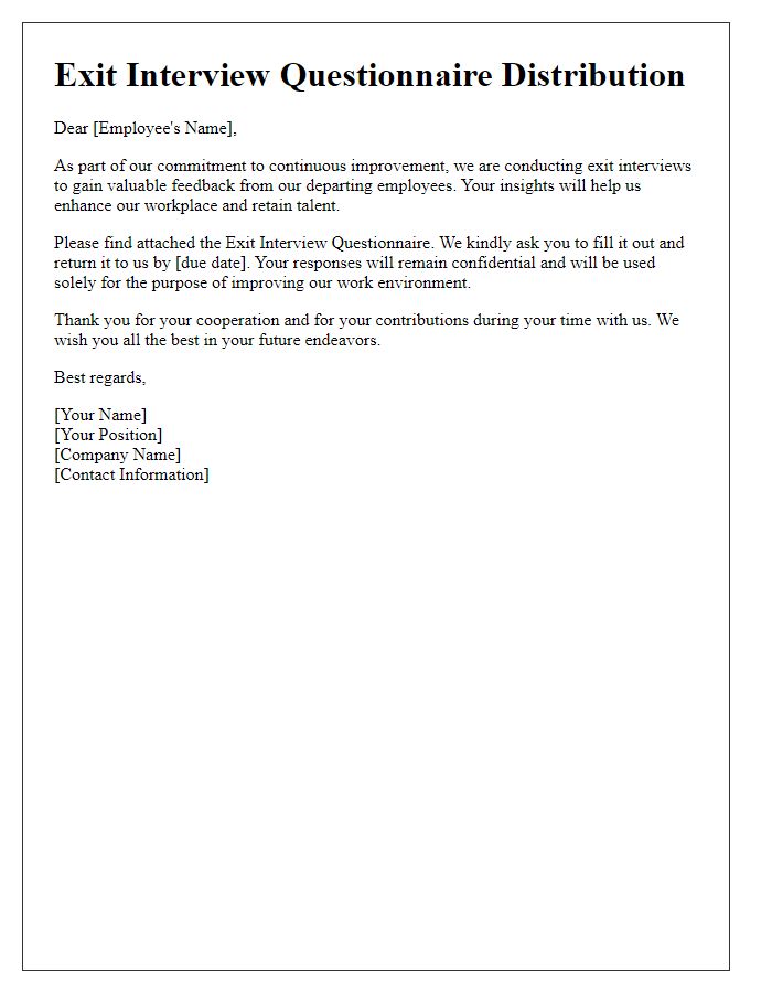 Letter template of exit interview questionnaire distribution.