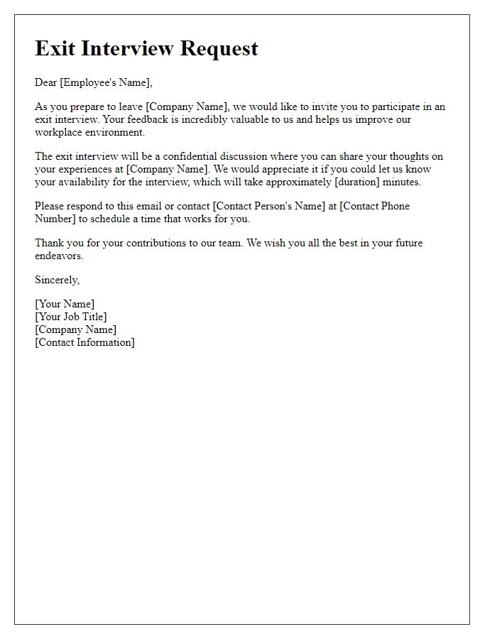 Letter template of exit interview request for employee feedback.