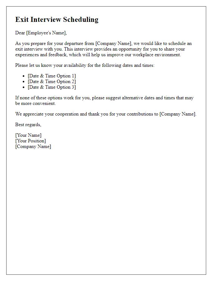 Letter template of exit interview scheduling for departing staff.