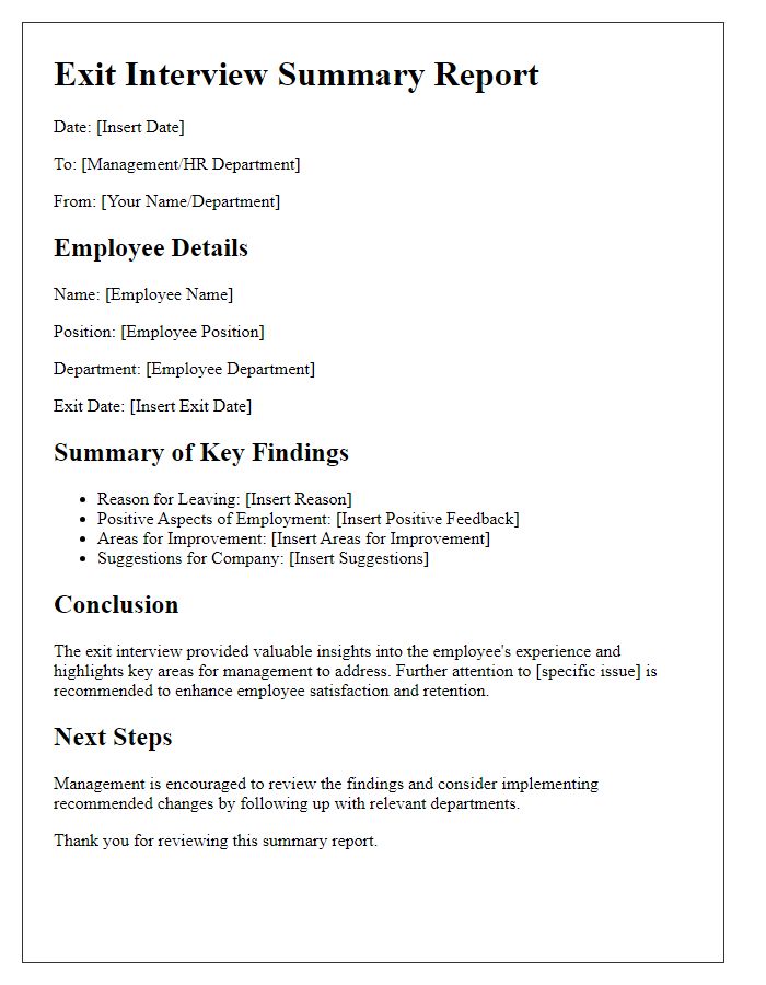 Letter template of exit interview summary report for management review.