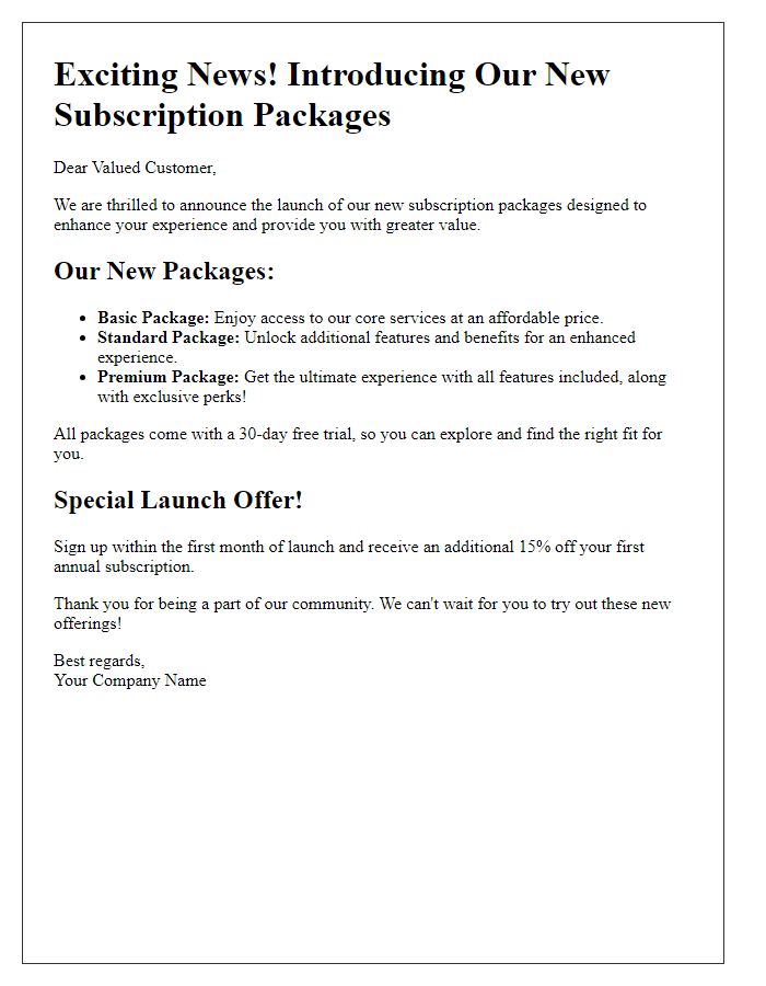 Letter template of subscription package announcement