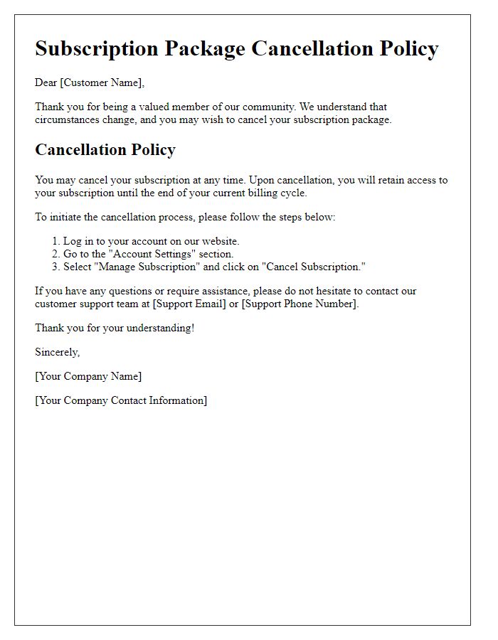 Letter template of subscription package cancellation policy