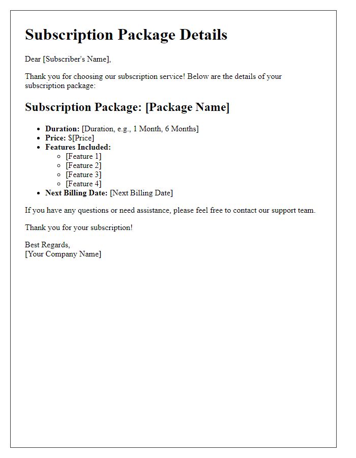 Letter template of subscription package details