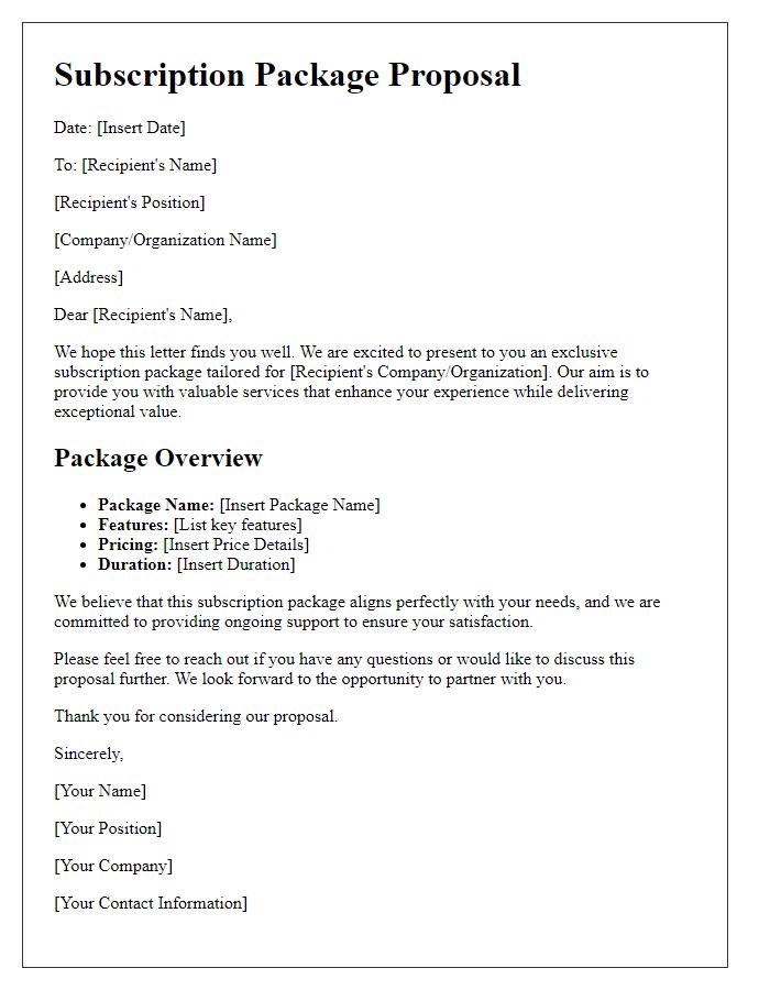 Letter template of subscription package proposal