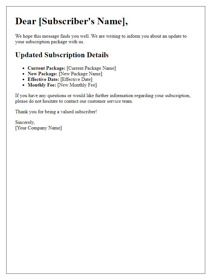 Letter template of subscription package update