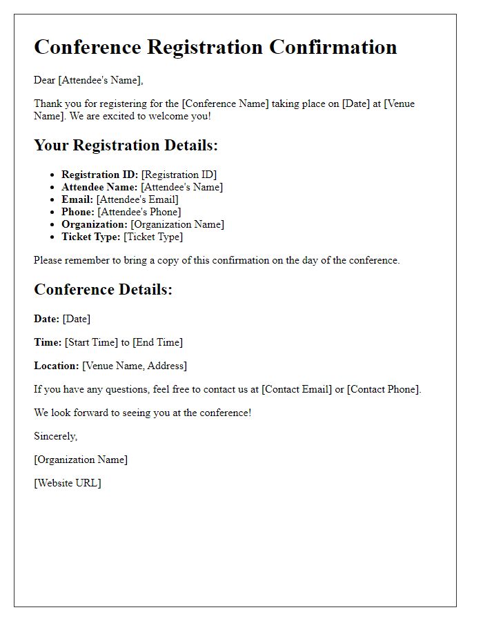 Letter template of registration details for industry conference attendees