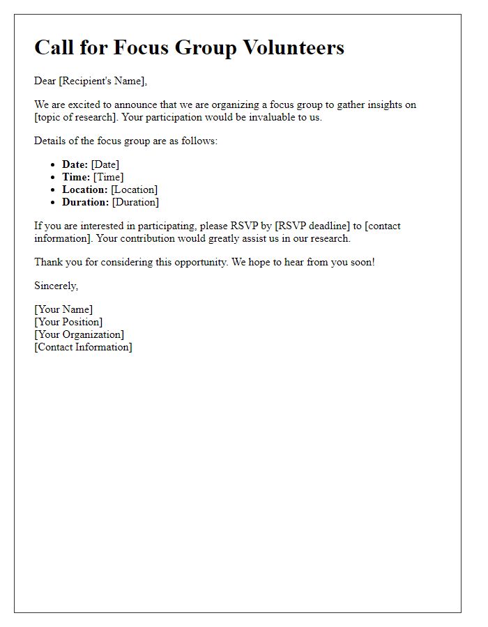 Letter template of call for focus group volunteers