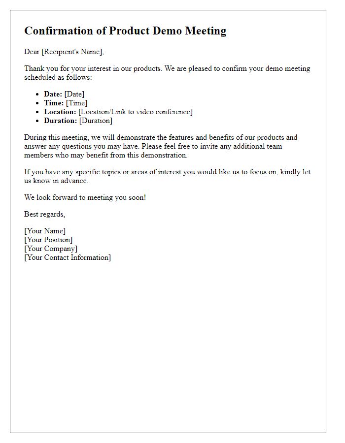 Letter template of confirmation for product demo meeting.