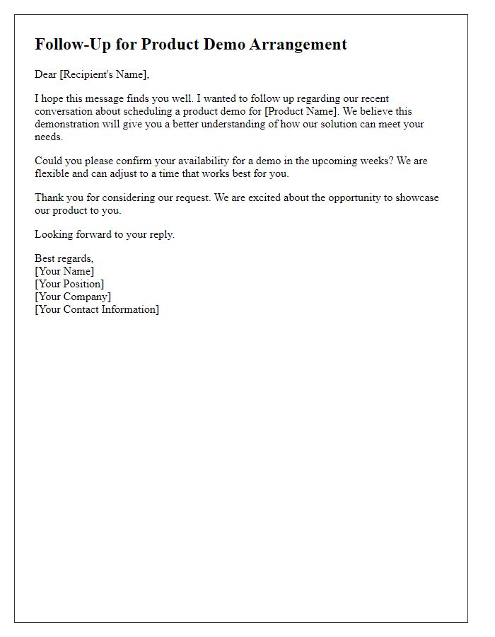 Letter template of follow-up for product demo arrangement.