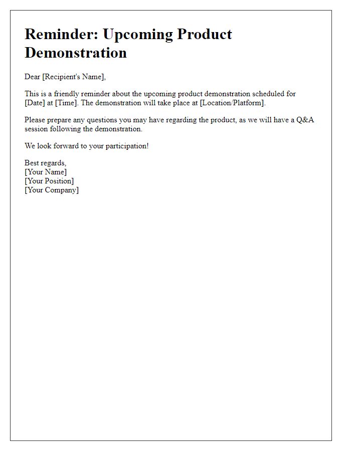 Letter template of reminder for upcoming product demonstration.