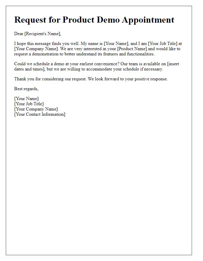 Letter template of request for product demo appointment.