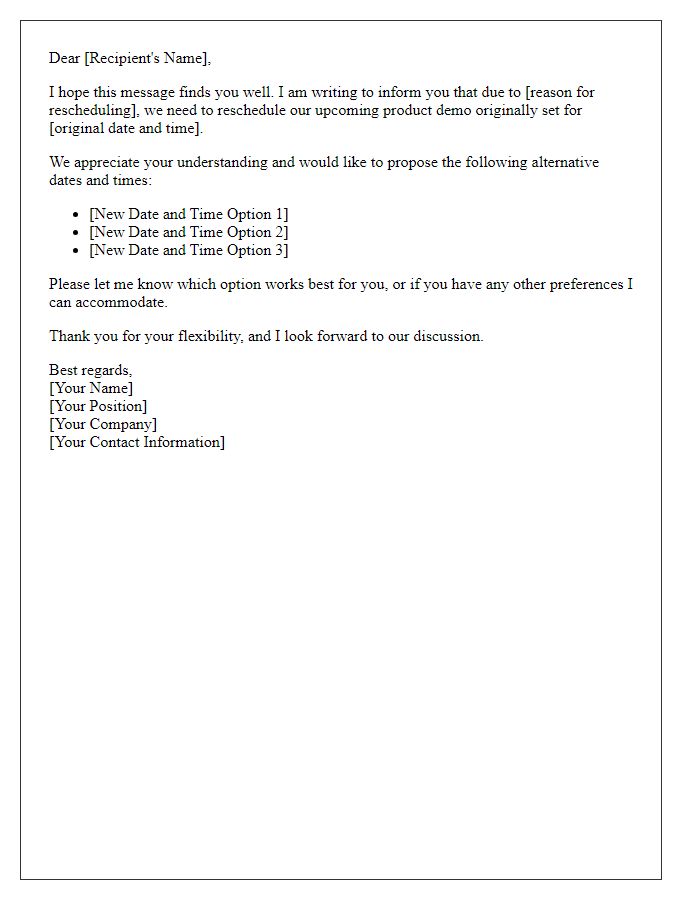 Letter template of rescheduling a product demo appointment.