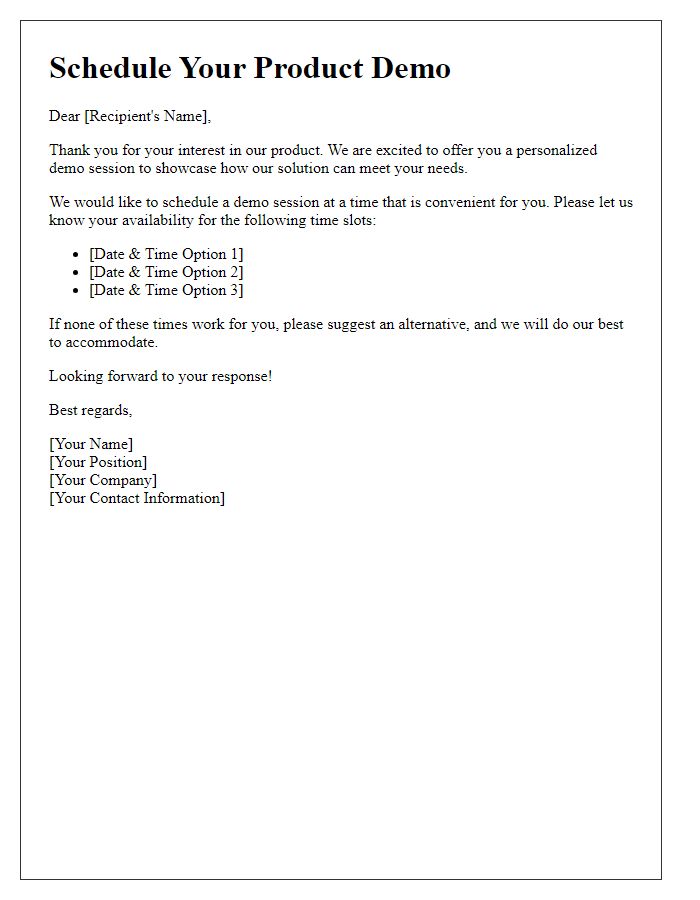 Letter template of scheduling a product demo session.