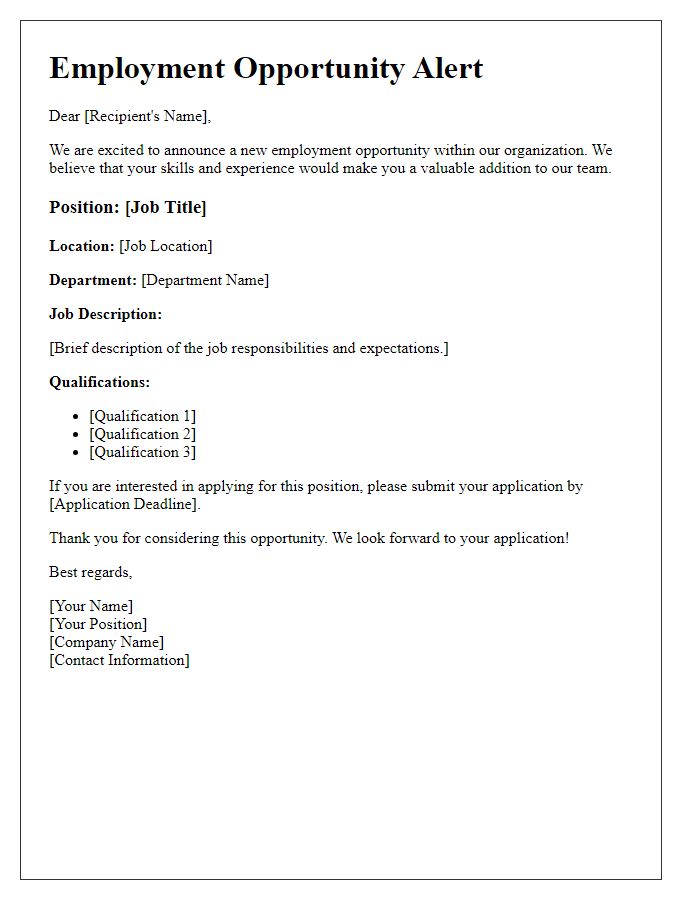 Letter template of employment opportunity alert