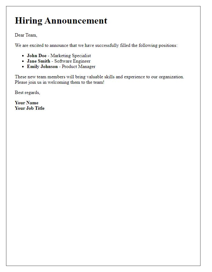 Letter template of hiring announcement for team members