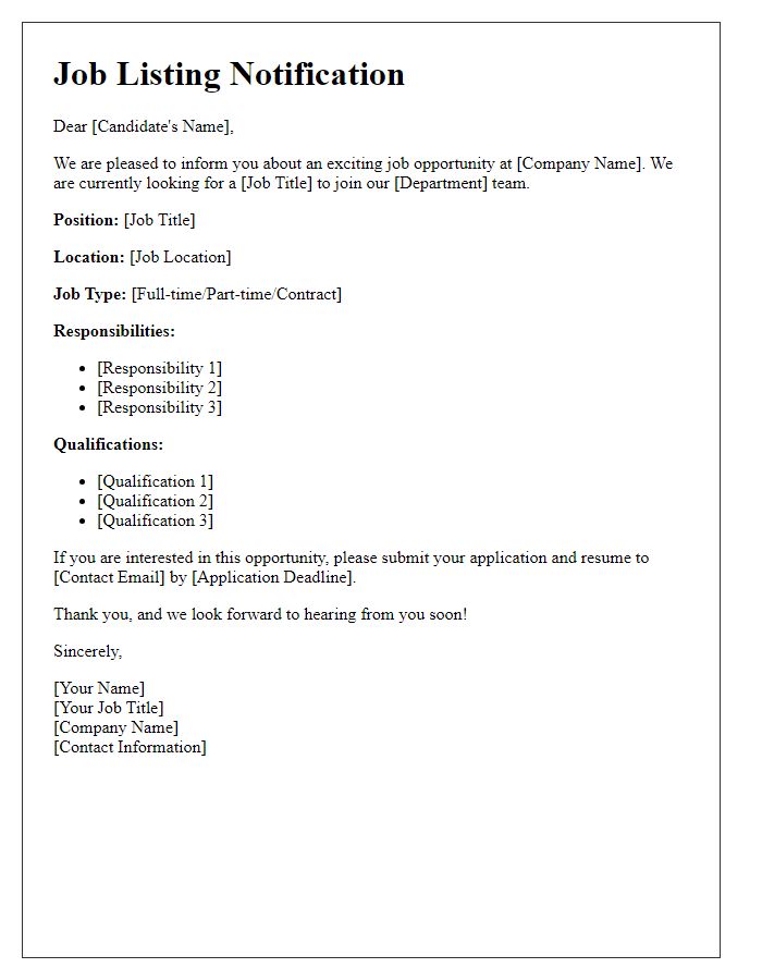 Letter template of job listing communication