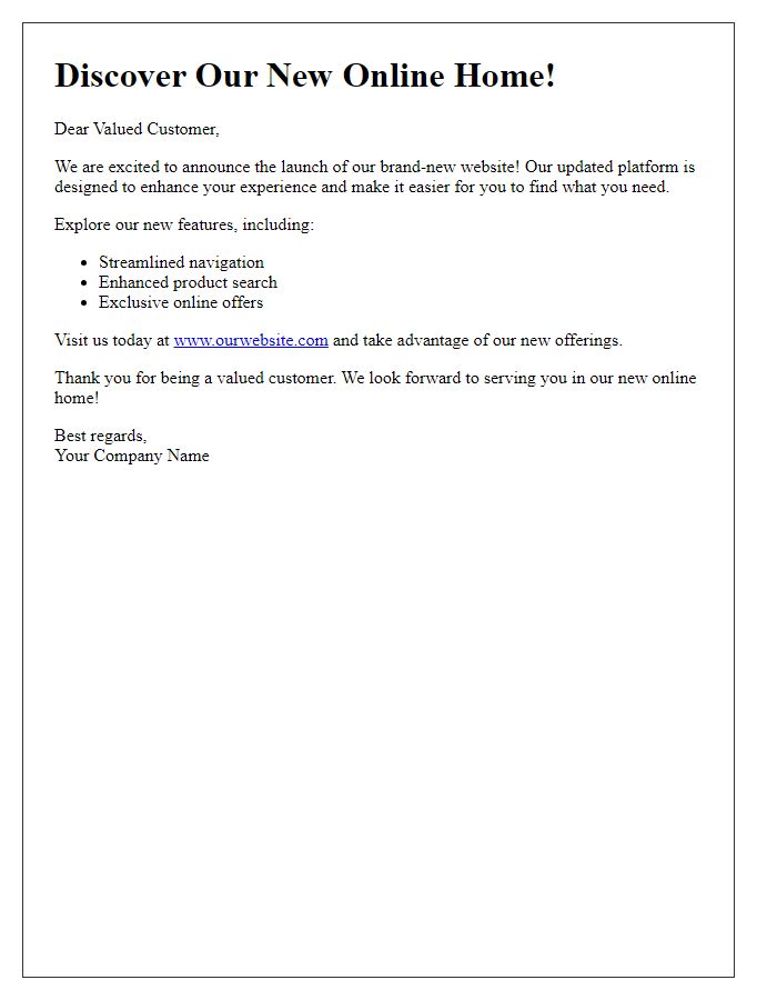 Letter template of Discover Our New Online Home