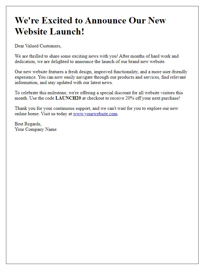 Letter template of Exciting News for Our New Website Launch