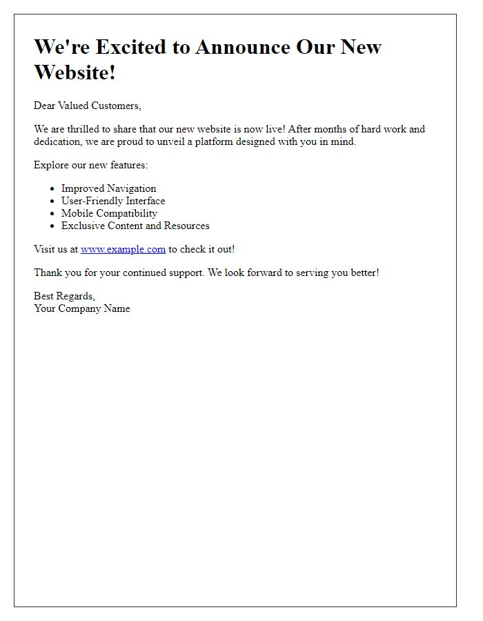 Letter template of We're Live: Announcing Our New Website