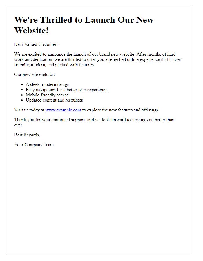 Letter template of We're Thrilled to Launch Our New Website