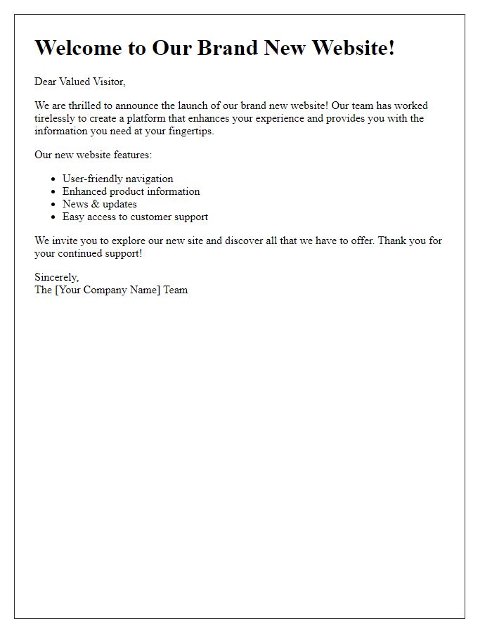 Letter template of Welcome to Our Brand New Website