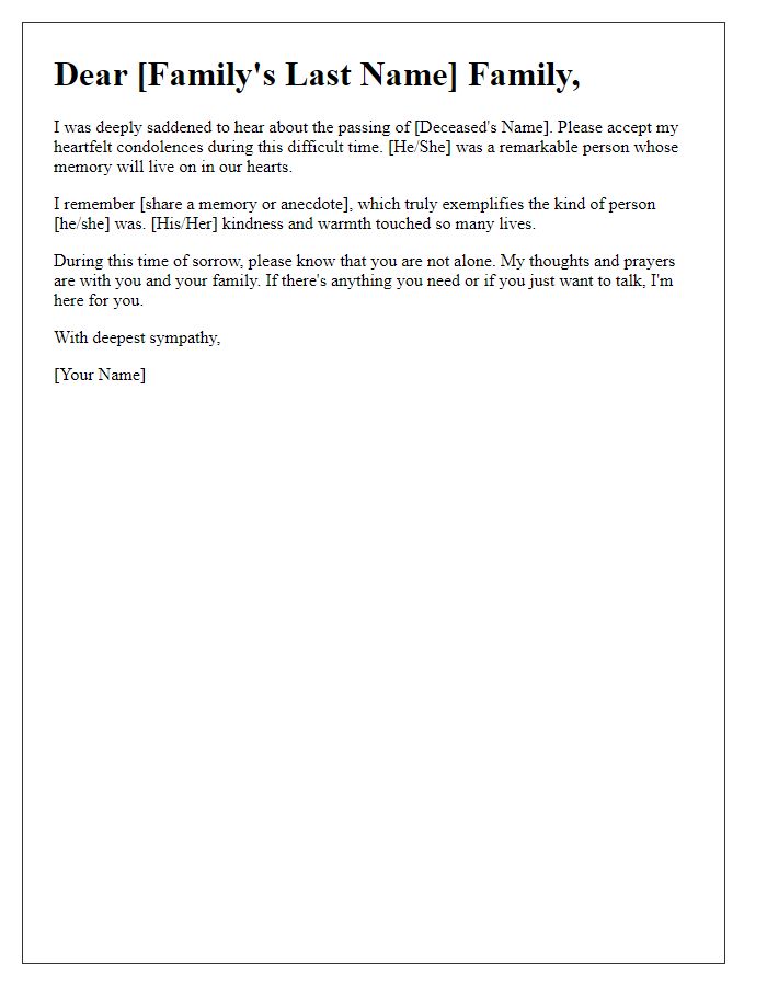 Letter template of heartfelt condolence to grieving family.