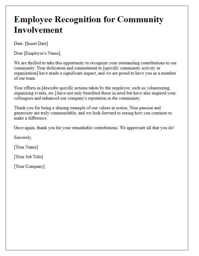 Letter template of employee recognition for community involvement