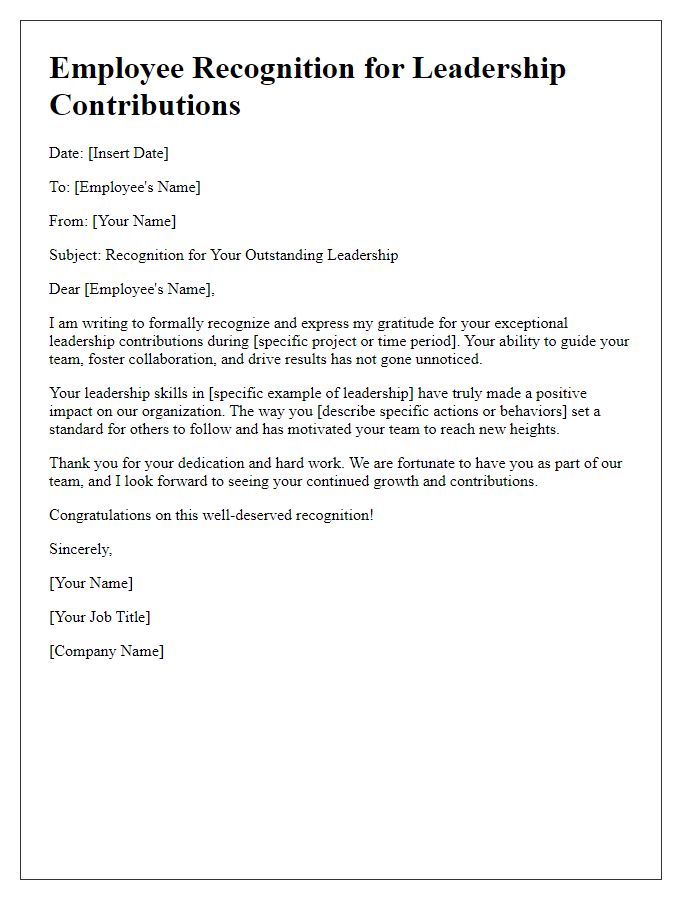 Letter template of employee recognition for leadership contributions