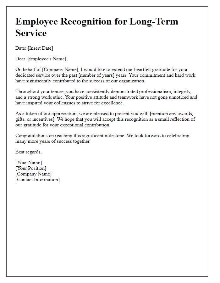 Letter template of employee recognition for long-term service