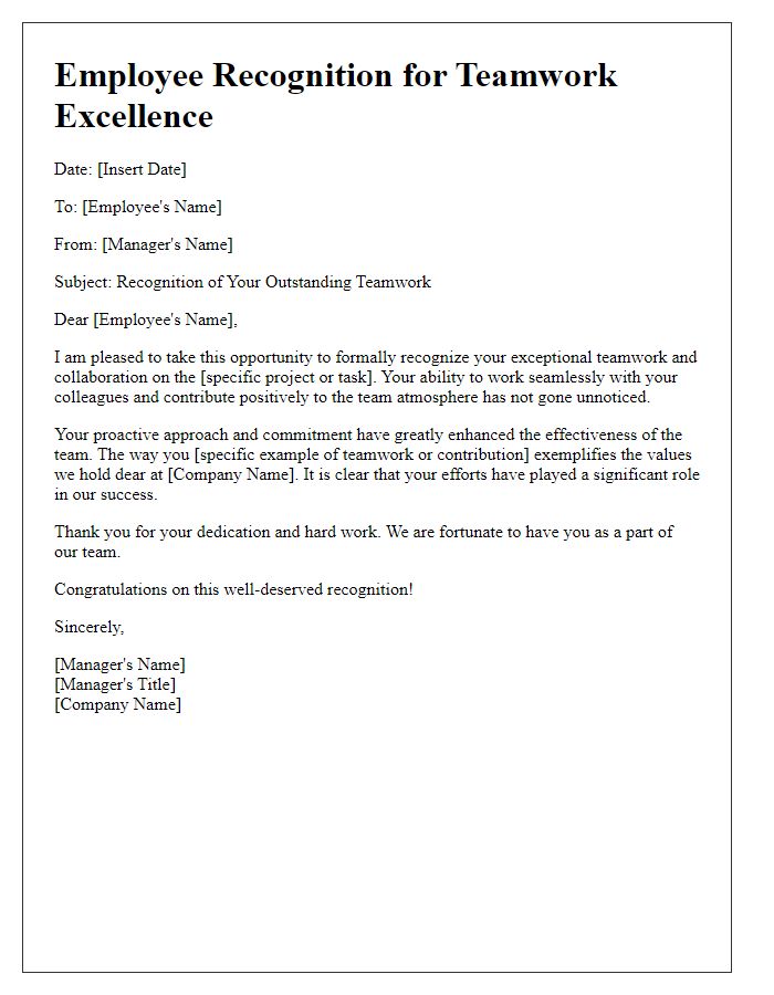 Letter template of employee recognition for teamwork excellence