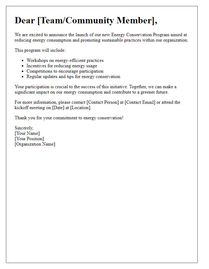 Letter template of energy conservation program announcement