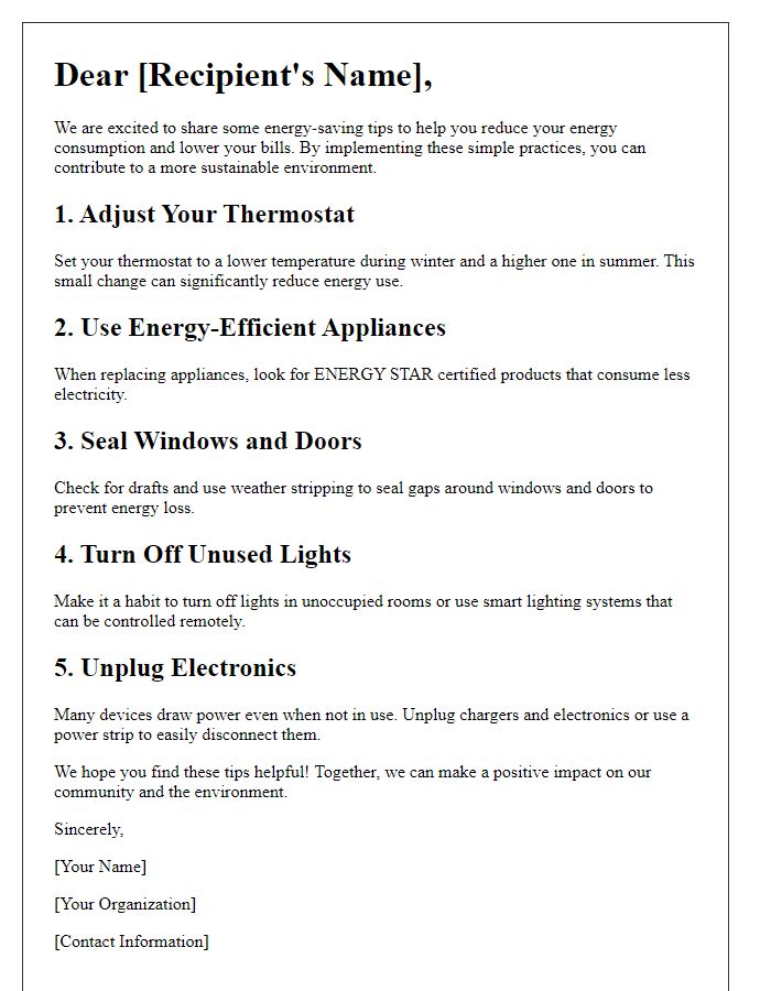 Letter template of energy-saving tips distribution