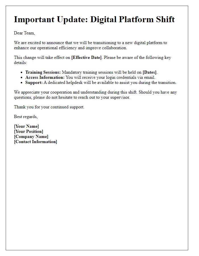 Letter template of digital platform shift alert for employees