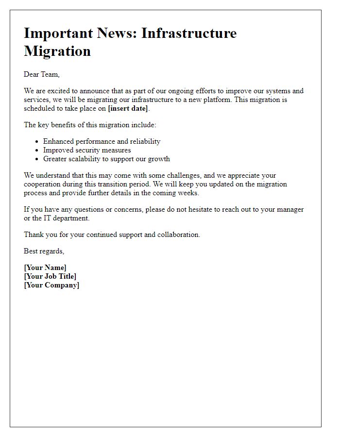 Letter template of infrastructure migration news for team members