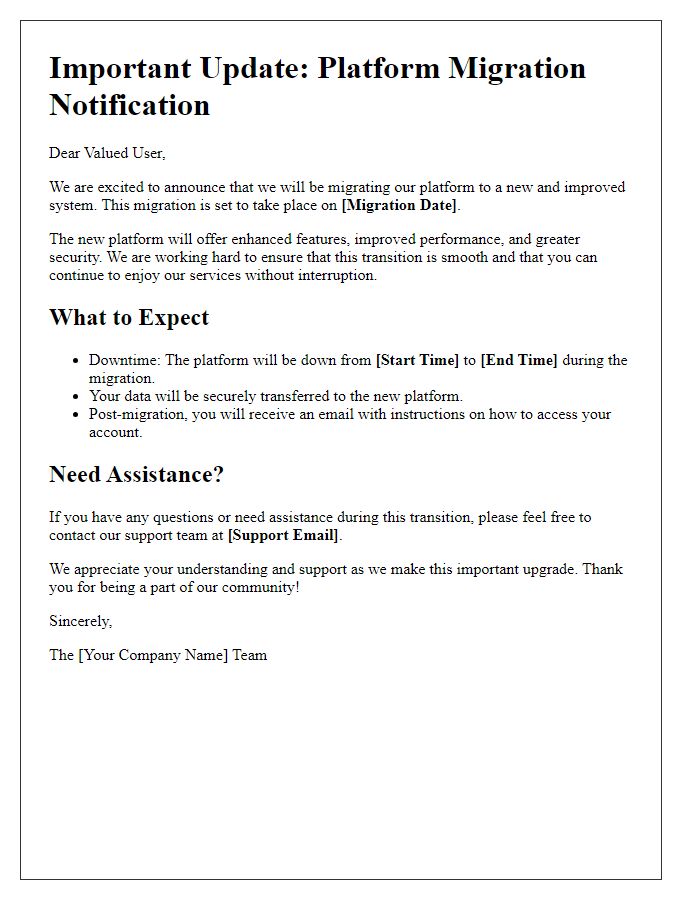 Letter template of platform migration update for users