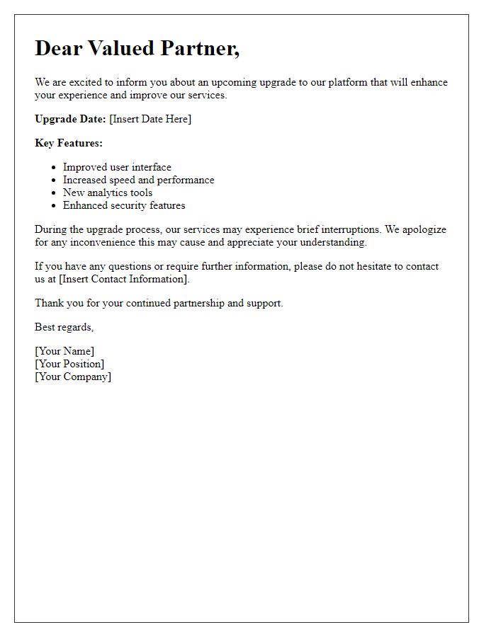 Letter template of platform upgrade notification for partners