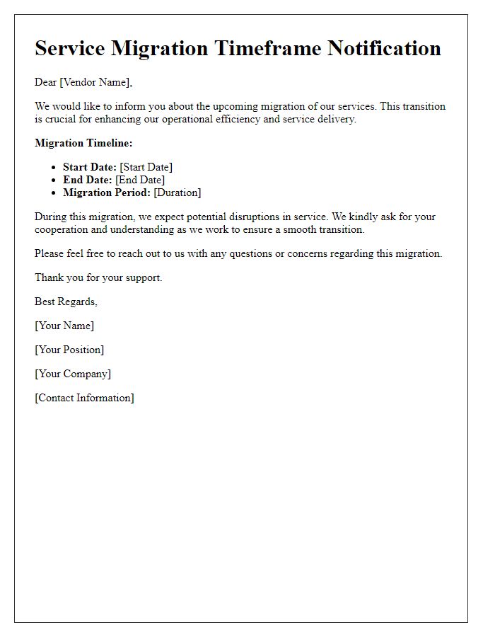 Letter template of service migration timeframe for vendors