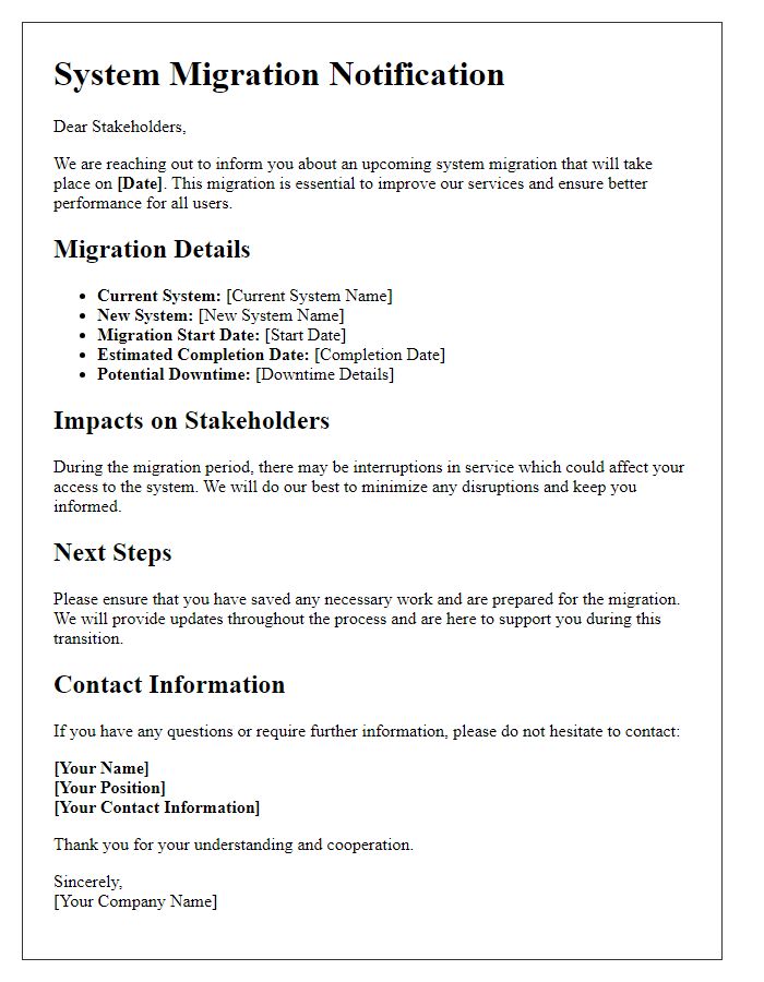 Letter template of system migration details for stakeholders