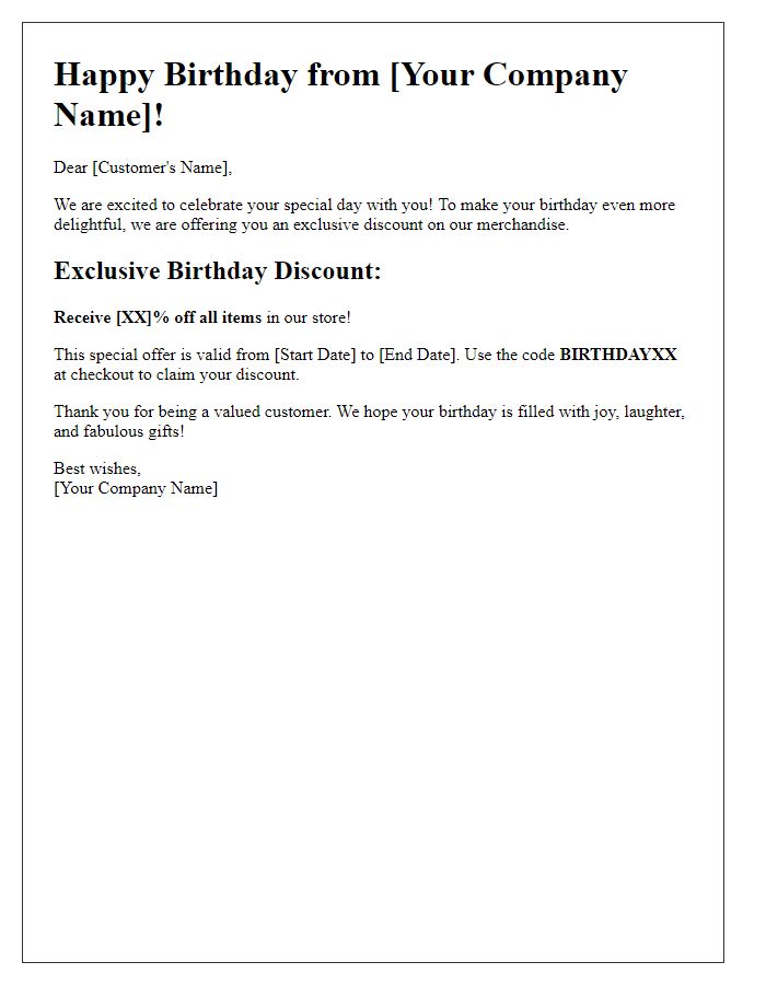 Letter template of birthday surprise merchandise discounts.