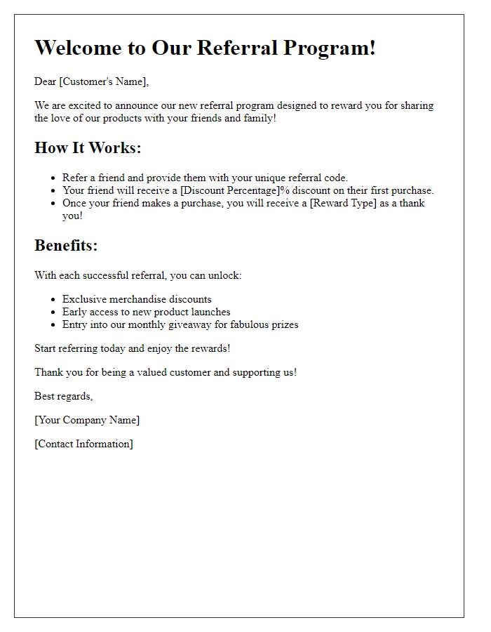 Letter template of referral program merchandise discount rewards.