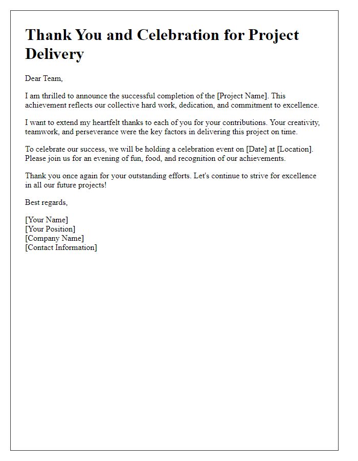 Letter template of Thank You and Celebration for Project Delivery