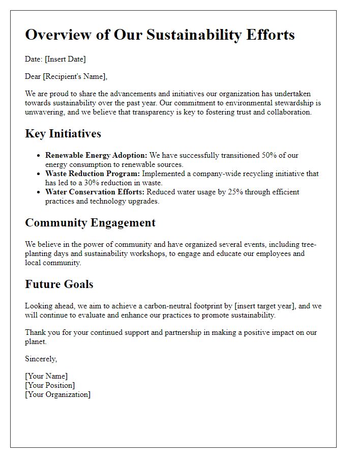 Letter template of sustainability efforts overview