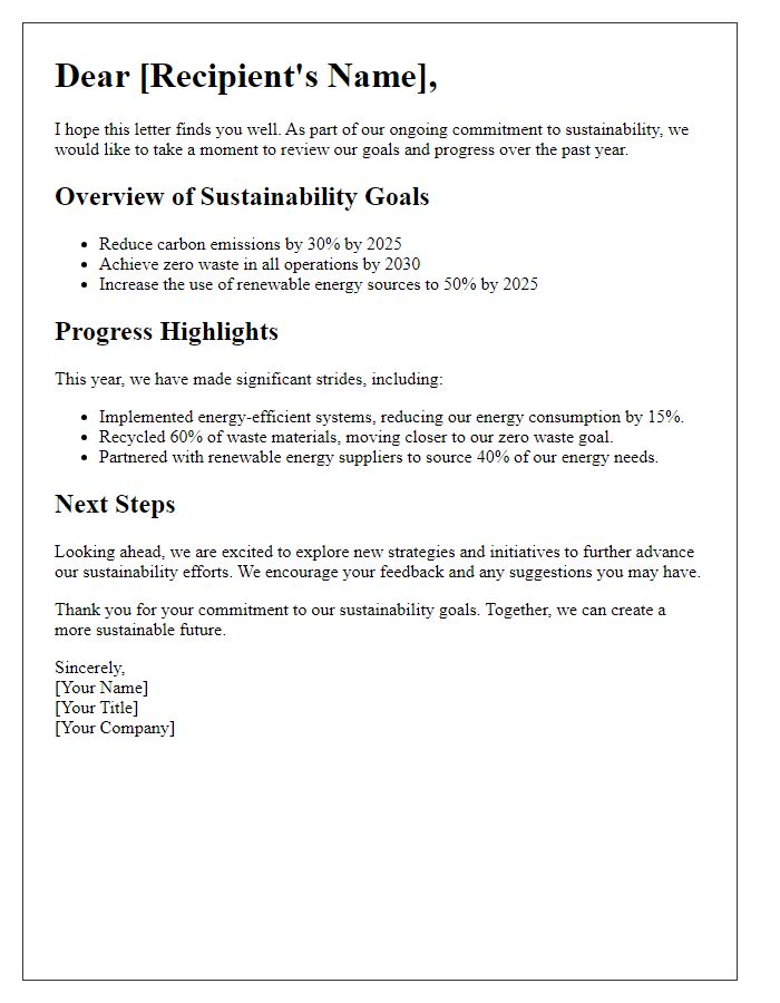 Letter template of sustainability goals review